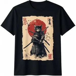 Vintage Japanese Art anime graphic samurai cat warrior T-Shirt Pure Cotton Graphic Tees Menswear Top: Gifts for Men & Women