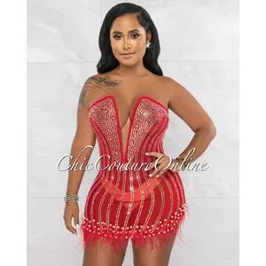 *Sebastian Red Rhinestones Pearls & Feathers Mesh Sheer Mini Dress