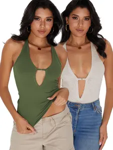 Women's Solid Deep V Neck  Top, Casual Sleeveless Top for Daily Wear, Ladies Clothes for All Seasons