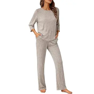 VRCOMFY Women's Soft Ribbed Lounge Set Long Sleeve Crew Neck Top & Wide Leg Pants US Standard Fit S-XXL Cozy for All Seasons