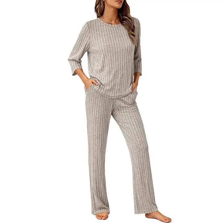 VRCOMFY Women's Soft Ribbed Lounge Set Long Sleeve Crew Neck Top & Wide Leg Pants US Standard Fit S-XXL Cozy for All Seasons