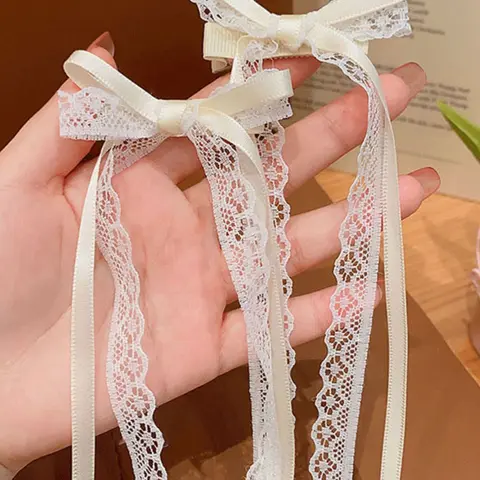 2-Pack Lace Cream Bow Hair Clips, Cute Butterfly Knot Ribbon Hair Accessories, Sweet Ballet Style, Korean Fashion, Girls' Forehead Bangs Clip, Super Cute Clips, Pretty Bow, Decorative Hair Clips