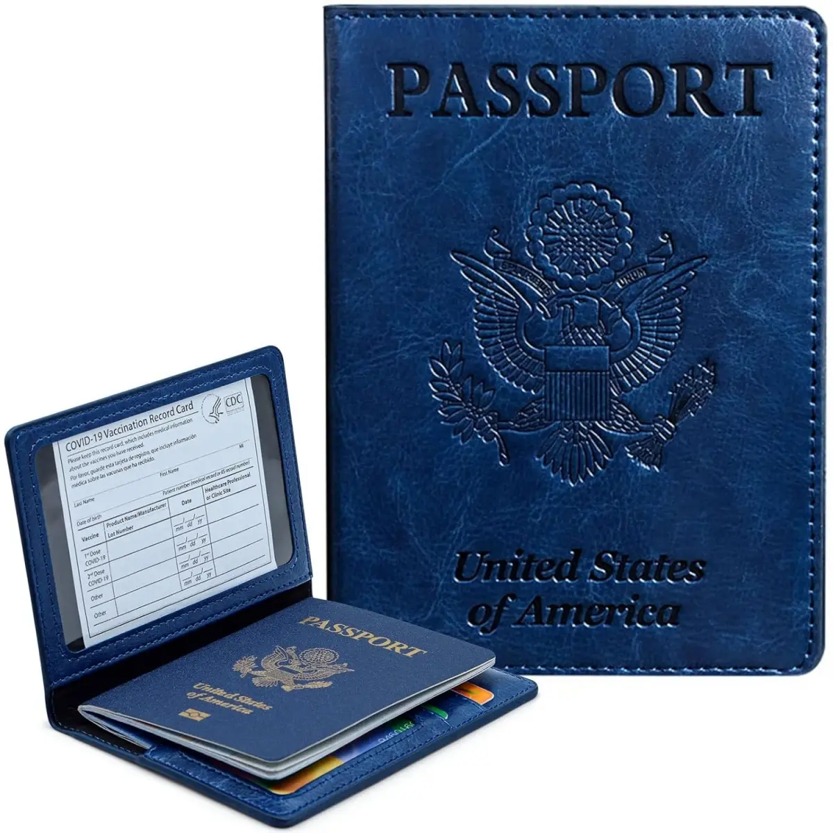 Durable Solid PU Leather Passport Holder & Vaccine Card Combo Travel Document Holder for Men Women, Travel Wallet with Transparent Window Slot - Dark Blue, Passport Cover, Perfect Gift