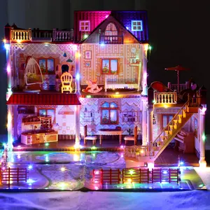 Dollhouse With 2 Dolls And Colorful Light, Furniture And Accessories, Doll House Toy For Little Girls, 5 Rooms With Play Mat, Gift For Girls