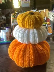 Handmade Crocheted Stackable Tabletop Pumpkin Centerpiece - Multi Colored - Orange, White, and Yellow - Great Fall Centerpiece halloween decor
