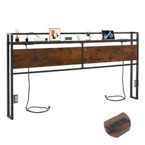【FathersDayGift】VEVOR King Size Headboard, Rustic Brown Wood Grain Design, Carbon Steel Frame with Charging Station (2 Outlets, 1 USB, 1 Type-C Port), Storage Shelf, Adjustable Height, Sturdy & Stable, Rustic Brown Headboards, Wood Grain Headboards