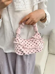 Sweet girl storm point bow embroidery handbag with detachable chain and pleated handle loop, can hold mobile phones, lipstick, and small items, versatile and practical bag suitable for dating and daily commuting