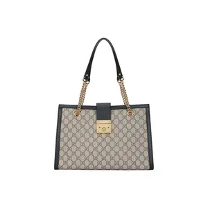 Pre-owned GUCCI Canvas Shoulder Bags Padlock GG Supreme Chain Tote Bag with Black Leather Trim & Gold Tone Hardware