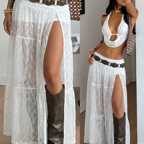 Spring Summer Breathable Lightweight Lace Split Hem Mesh Skirt Bottom, A-Line Fitted Maxi Long Skirt, Plain Pattern, Street Style, Casual Fitted Skirt, Aesthetic Fashionable Skirt, Women's Fashion Clothing