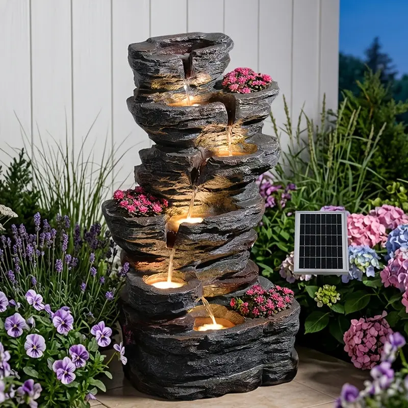 6-Tier Solar Outdoor Water Fountain, 32.7" H Rock Cascading Waterfall with IP68 Pump And LED Lights, Outdoor Water Feature for Garden, Porch, Deck & Backyard Landscaping.