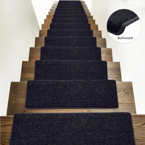 Black Non Slip Bullnose Stair Runner 9.5"x30" Washable Soft Stair Tread Mats Anti-Slip Adhesive Safety Rug for Wooden Steps Kids Pets Indoor Decor