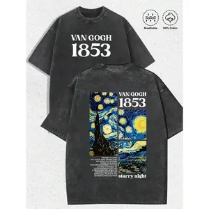Washed T-shirt A Men'S Casual T-Shirt Featuring a Trendy Homage to Van Gogh'S "Starry Night" Artwork Along with The Number 1853 Print on It. It Is Comfortable, Breathable, And Slightly Stretchy