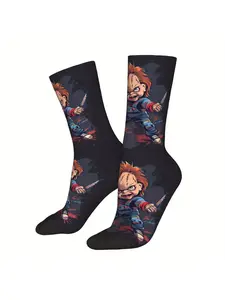 BIIHUDU Men's Horror Movie Character Socks - Full-Body Print with Bloody Knives, Bold Red Splatter Design - Polyester Crew So