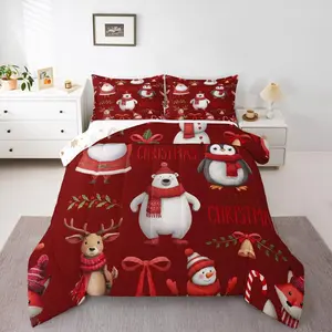 Cartoon Deer Comforter Set,Kids Merry Xmas Bedding Set,Children Penguin Snowman Down Comforter Boys Girls Christmas Bell Branches Duvet Set,with,Red