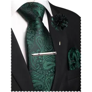Mens Paisley Tie and Lapel Pin Necktie Pocket Square and Tie Clip with Sets for Business Casual 4PCS