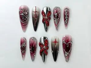 Handmade Gothic Blood Red Press On Nails, Black And Red Nail Art