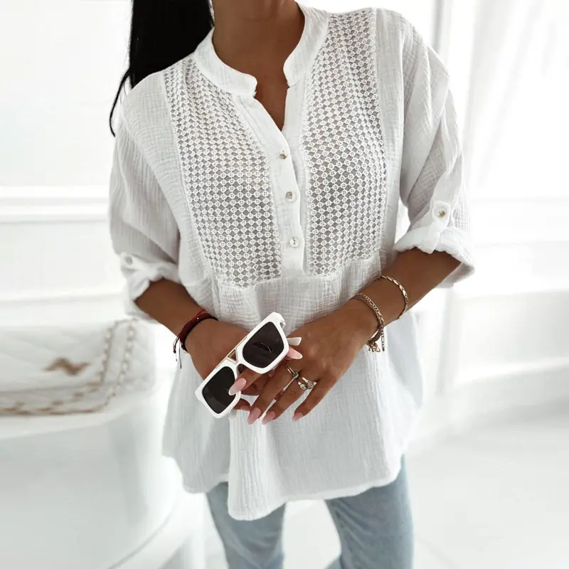 CHICME Women‘s Roll Up Sleeve Hollow Out Shirt Button Front Casual Blouse Top