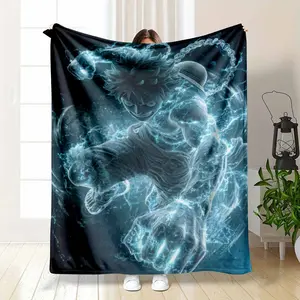 Blue Lightning Fighter Flannel Throw Blanket Anime Warrior With Electric Aura Print UltraSoft Lightweight Plush Cozy Breathable Warmth Ideal For Bedroom Sofa Living Room Travel Camping Couch Gifts