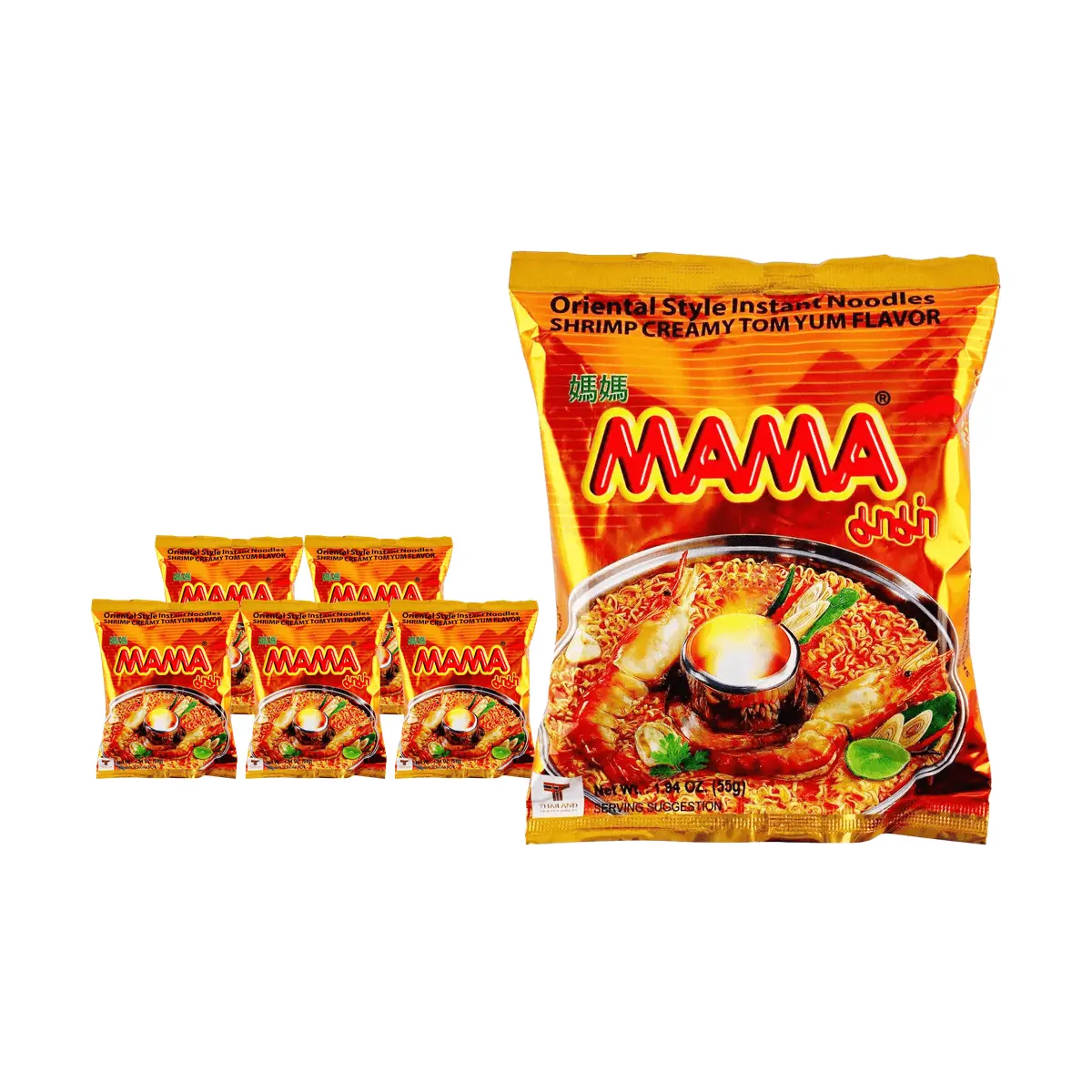 MAMA Tom Yum Kung Shrimp Flavor Instant Noodles - Spicy & Sour Thai Soup, 55g Bags (6 Pack)