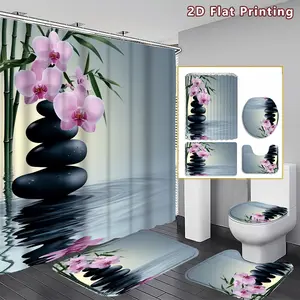 4PCS Pink Orchid and Bamboo Shower Curtain set, Soft Pink Orchid with Black Stones and Bamboo Bathroom Decor, Accessories with Bath Mat, U-shaped Mat, Toilet Lid Cover, 12 Hooks 180x180cm Curtain, Zen Floral Decor, Home Decor, bathroom accessories