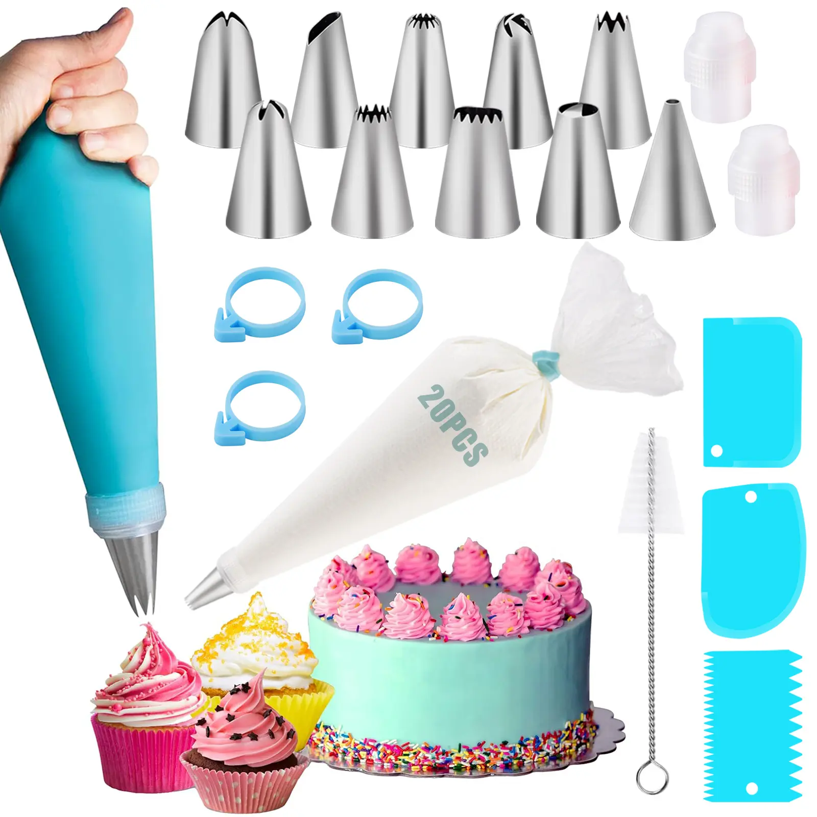 Complete Cake Decorating Baking Supplies Kit Frosting Icing Piping Bags Piping Tips Icing Nozzles Multi Purpose Pastry Tools For Cake Cookie Cupcake DIY Making