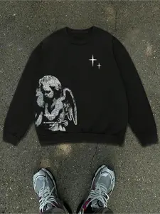 Angel Graphic Black Crewneck Sweatshirt, TikTokShopBlackFriday Deals FallFashion, Long Sleeve, Vintage Print Streetwear Top, Comfortable Casual Daily Outfit, Trendy Aesthetic Styling Essential, Perfect ChristmasGiftIdea, Fitted
