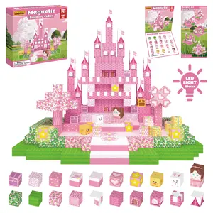 SPKSW Magnetic LED Light Castle Building Set， Pink Castle magnetic Building Blocks Set for Girls 100/200-Piece High-Quality STEM Toys with LED Light Interactive Fun Construction Kit for 3-8 Year Olds Birthday Gift,relief toy