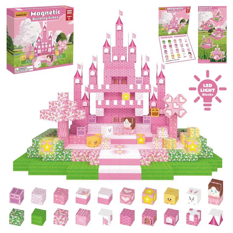 SPKSW Magnetic LED Light Castle Building Set - 100/200-Piece High-Quality ABS Plastic Colorful Magnetic Blocks Model Building Kits, STEM Relief Toy Gift Ideas for Kids Ages 3-8 Girls