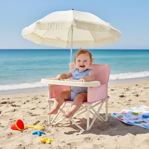 Portable Baby Beach Chair –Travel Booster Seat with Tray for Baby Lightweight Folding Travel High Chair Tray for Sand, Camping, and Picnics with UPF 50+ Sun Canopy