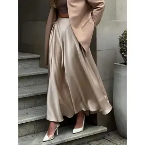 European and American women’s fashionable and elegant satin high-end everyday versatile midi skirt, high-waisted slim fit with an elastic waistband, A-line flared skirt GARMENTARY