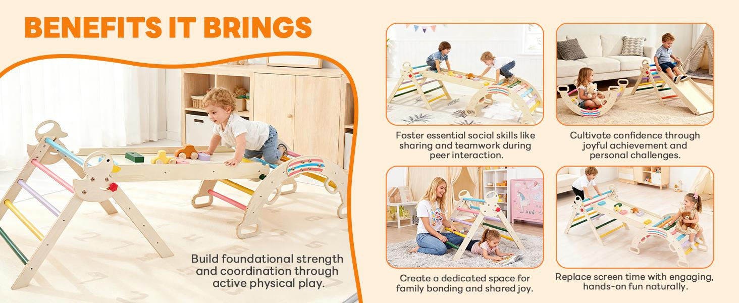 7 In 1 Pikler Triangle Climber With Arch And Slide, Foldable Space Saving Design For Home,  Foldable Design Saves Space,Solid Wood Supports 160 LBS, Includes Blackboard For Creative Play