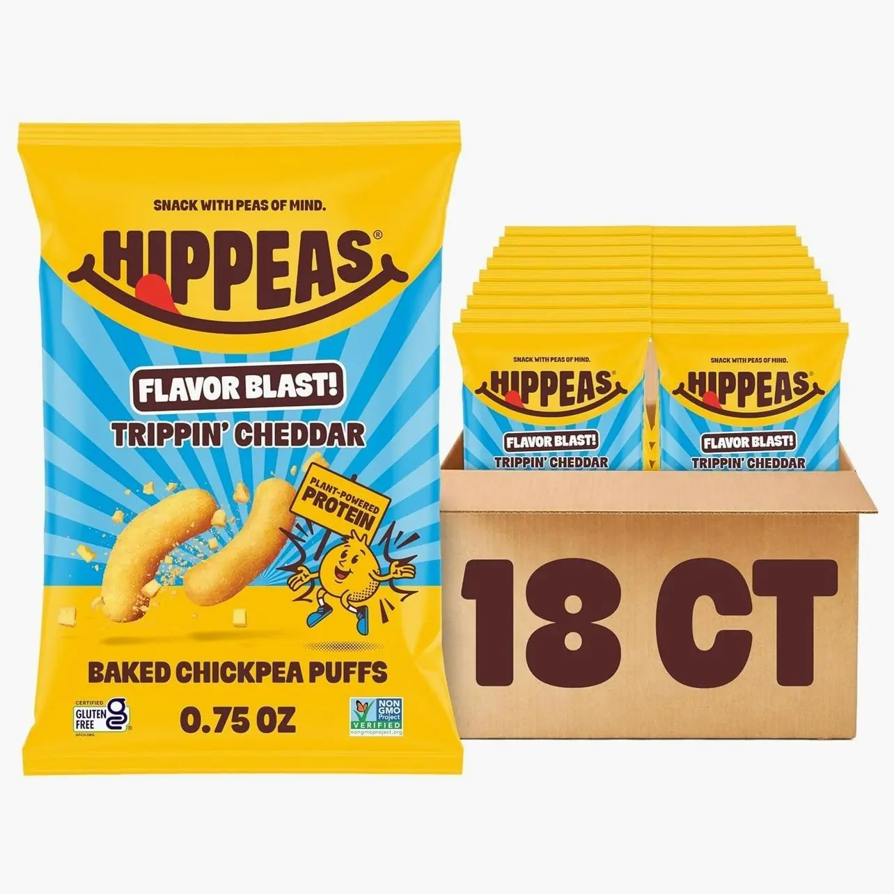 Hippeas Chickpea Puffs, Trippin’ Cheddar, 18 x 0.75 oz Bags, Baked Crunchy Chickpea Snacks with 3g Plant Protein, 2g Fiber & 40% Less Fat, Dairy & Gluten Free, Non-GMO, Top 9 Allergen Free