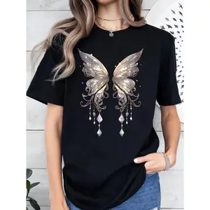European & American Fashion Loose Versatile Casual Short Sleeve T-Shirt: Cotton Butterfly Print, Wearable SS-Autumn, Fit for Commute/Shopping, Breathable Lively