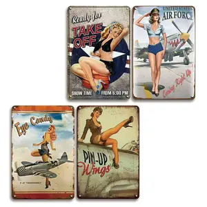 Pin Up Girl & Airplane Pattern Tin Sign, 1 Count Vintage Wall Decor, Wall Art for Home Living Room Study Room Bedroom Bar, Home Office Decoration, Vintage Plaque Decoration