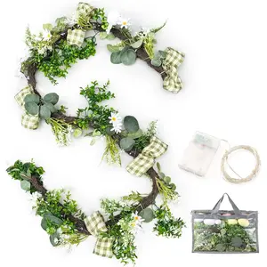 6ft Summer Garland Decorations, 2-in-1 Eucalyptus Garland-to-Wreath with Boxwood Leaves and Lawn Daisy, Artificial Faux Greenery Vines for Front Door, Window, Mantel, Entryway, Table