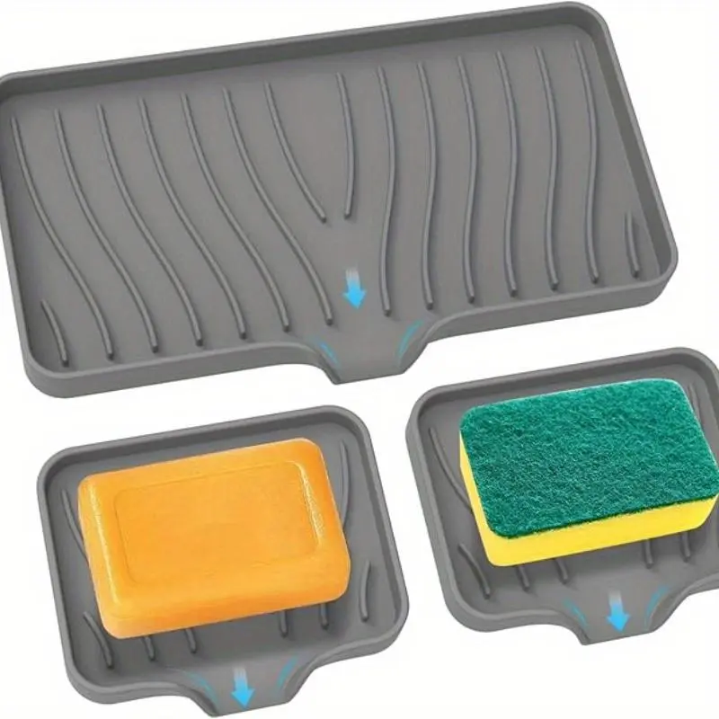 Self Draining Soap Bar Holder Silicone Kitchen Sink Soap Dish Sponge Tray Counter Caddy Organizer for Dish Soap Dispenser