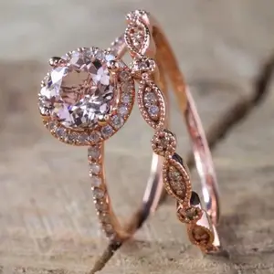Rose Gold CZ Bridal Ring Set – Vintage-Inspired Engagement & Wedding Bands