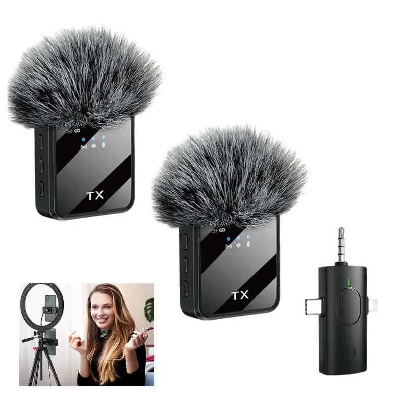 3 in 1 Wireless Microphones Lavalier Microphone with Noise Cancellation 2 Pack Mini LED Display Mic for Android iPhone and Camera