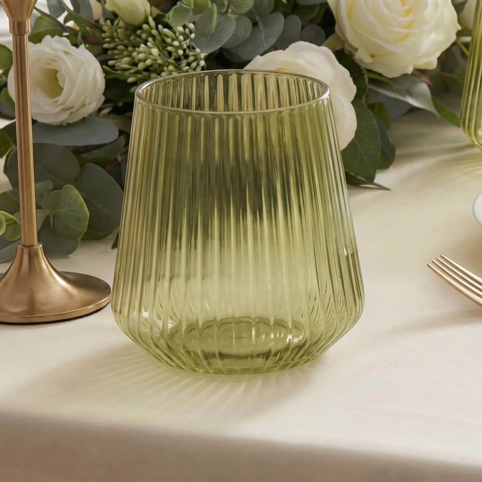 12-Pack Plastic Stemless Wine Glasses – 12oz Transparent Dusty Sage Green Ribbed Design, Reusable Shatterproof Cocktail Tumblers