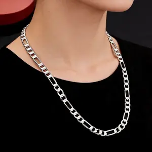 925 Silver Plated Figaro Chain Necklace, 50-60cm (19.7-23.6"), 6mm Width, Hypoallergenic, Tarnish-Resistant & Sweatproof Silver Chain, Unisex Jewelry Gift, Suitable for Daily Wear, Hip Hop Style Jewelry Gift