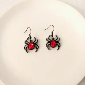 #250 Black Spider with Red Pear Shaped Rhinestone Earrings- Casual Insect Jewelry