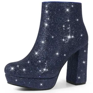 BLISSFUL STEP Glitter Platform Round Toe Chunky Heels Ankle Boots for Women