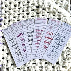 Library Card Bookmarks Handmade Laminated Heavy Cardstock Durable Design Both Sides Logo Rounded Corners Book Lovers Gift