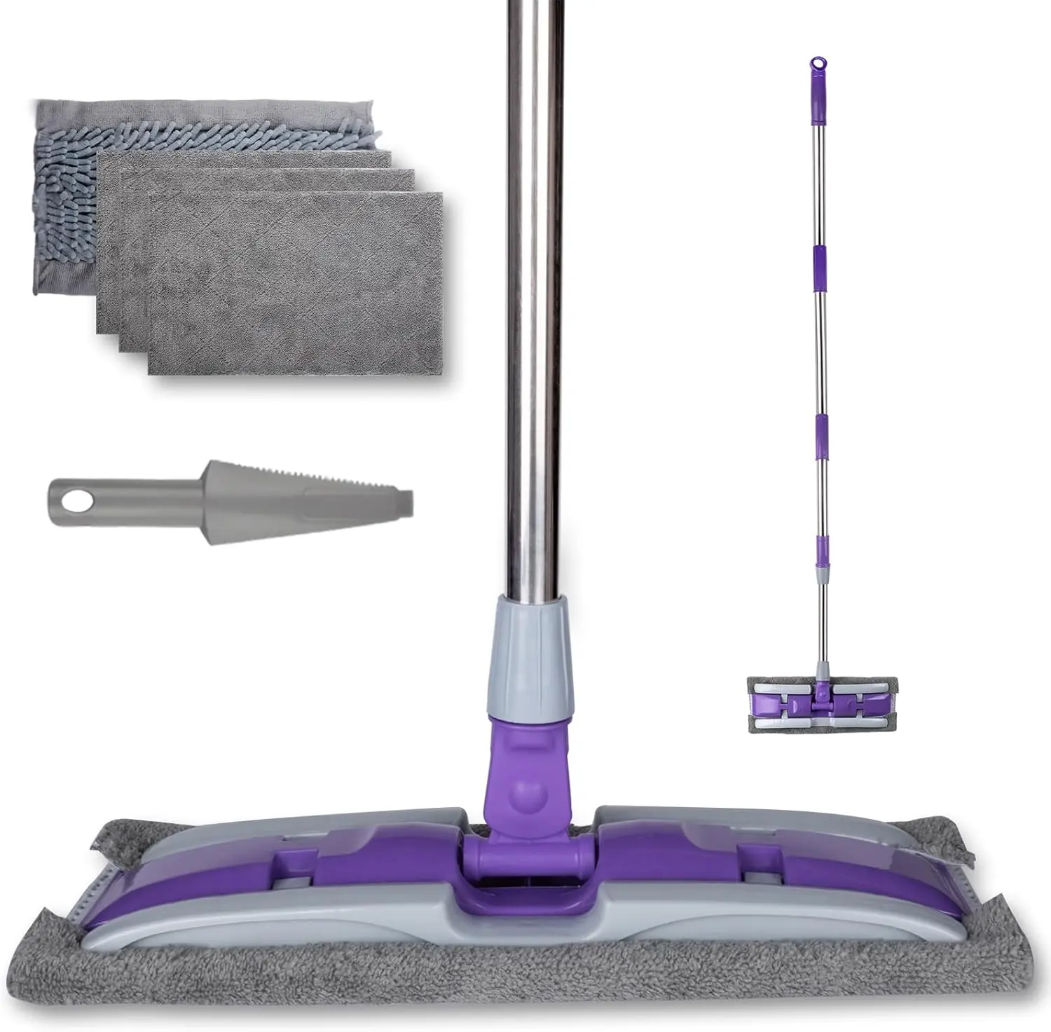 Purple Microfiber Flat Mop for Floor Cleaning - Wet Dry Dust Mop with Adjustable Stainless Steel Handle, 4 Reusable Pads for Hardwood, Tile Floors squeegee and