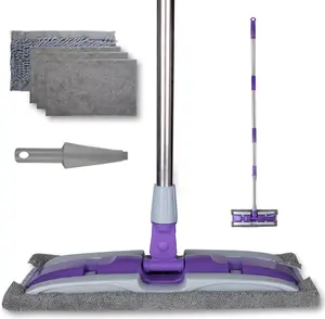 Purple Microfiber Flat Mop for Floor Cleaning - Wet Dry Dust Mop with Adjustable Stainless Steel Handle, 4 Reusable Pads for Hardwood, Tile Floors