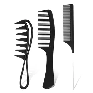 3Pcs Hair Comb Set, Large Tooth Combs Rat Tail Comb Wide Tooth Curl Comb Shark Teeth Hair Hairstyle Tool for Curly Wet Wavy Thick Hair Wigs Salon, Anti Static, Heat Resistant (Black)
