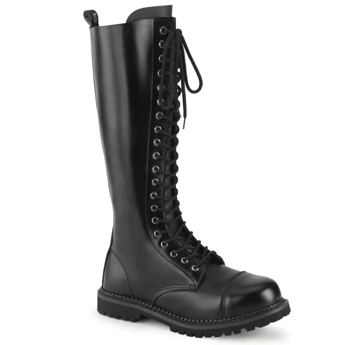 Demonia Men's Riot-20 Black Leather Knee-high Boots with Steel Toe & 20 Eyelets for Casual Wear - Shoe Demonia Men's Riot-20 Black Leather Knee-high Boots with Steel Toe & 20 Eyelets for Casual Wear - Shoe