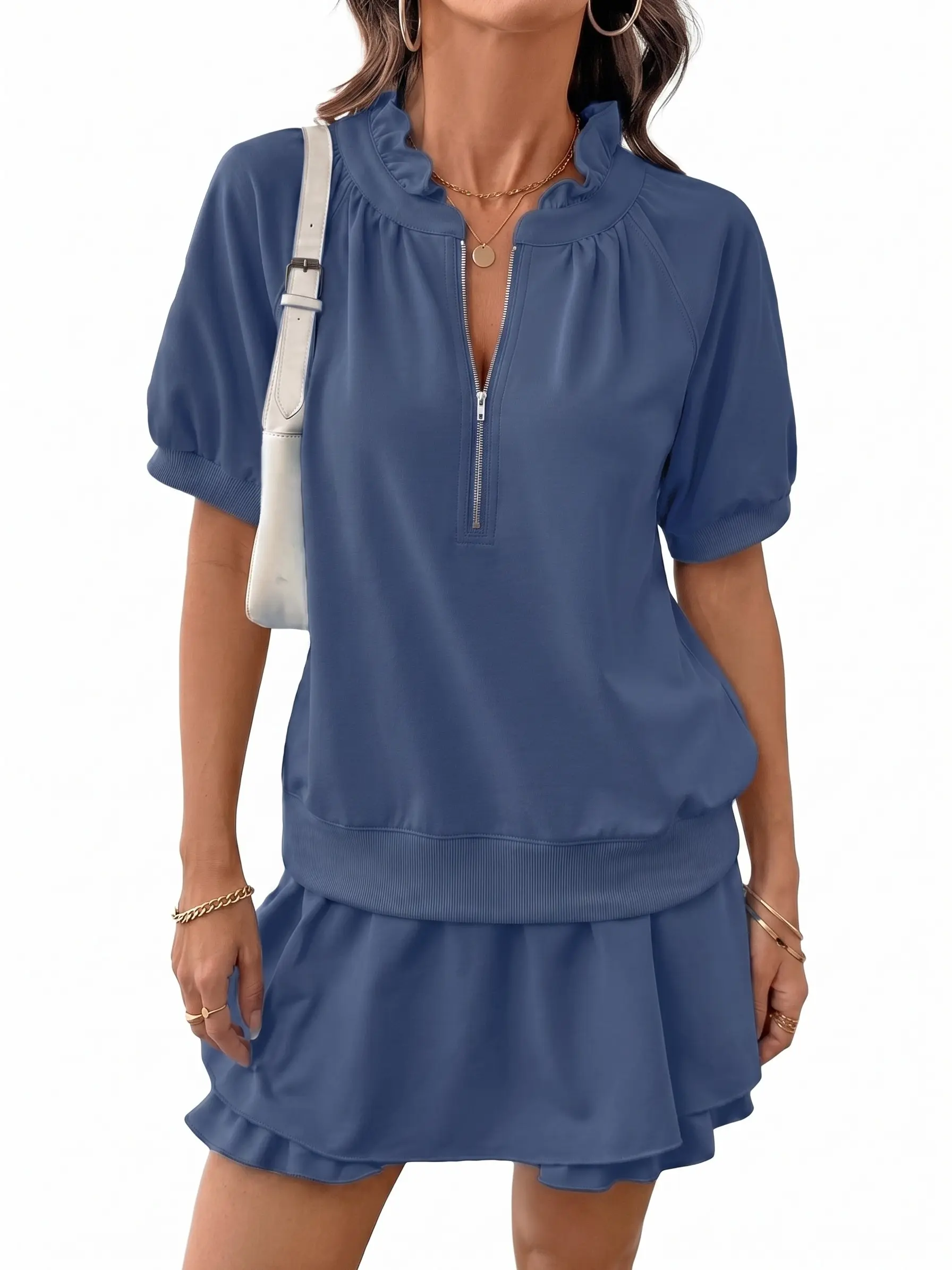 Shewin Women's 2-Piece Shorts Set Ruffle Collar Half Zip Bubble Short Sleeve Top Elastic Waist Pocket Shorts Outfit DealsForYouDays summerwins,summeroutfits,vacationoutfits,bathingsuitwomenset,beachoutfits Collared Clothes Womenswear