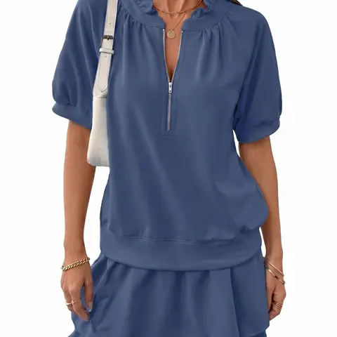 Shewin Women's 2-Piece Soft Ribbed Pullover Style Plain Shorts Set - Collared Ruffle Half-Zip Bubble Sleeve Top, Elastic-Waist Pocket Loose Shorts, Casual Summer Beach Clothes