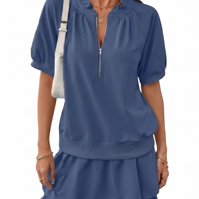 Shewin Women's 2-Piece Soft Ribbed Pullover Style Plain Shorts Set - Collared Ruffle Half-Zip Bubble Sleeve Top, Elastic-Waist Pocket Loose Shorts, Casual Summer Beach Clothes